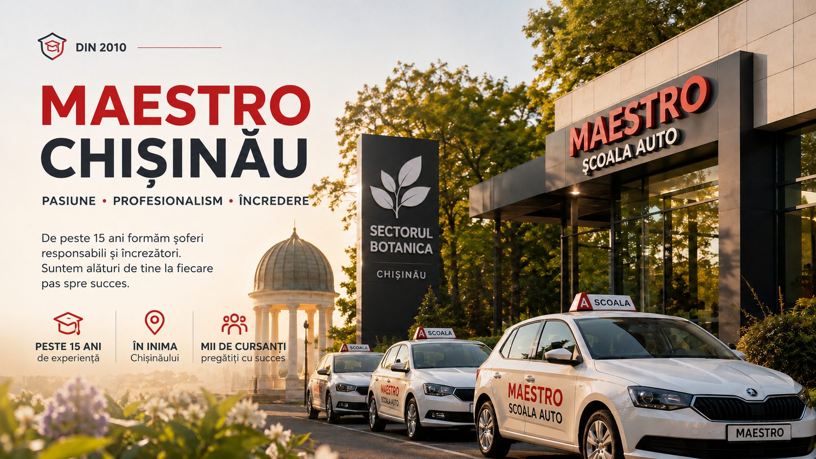 Sediul școlii auto Maestro din sectorul Botanica, Chișinău, cu mașinile de instruire în fața clădirii