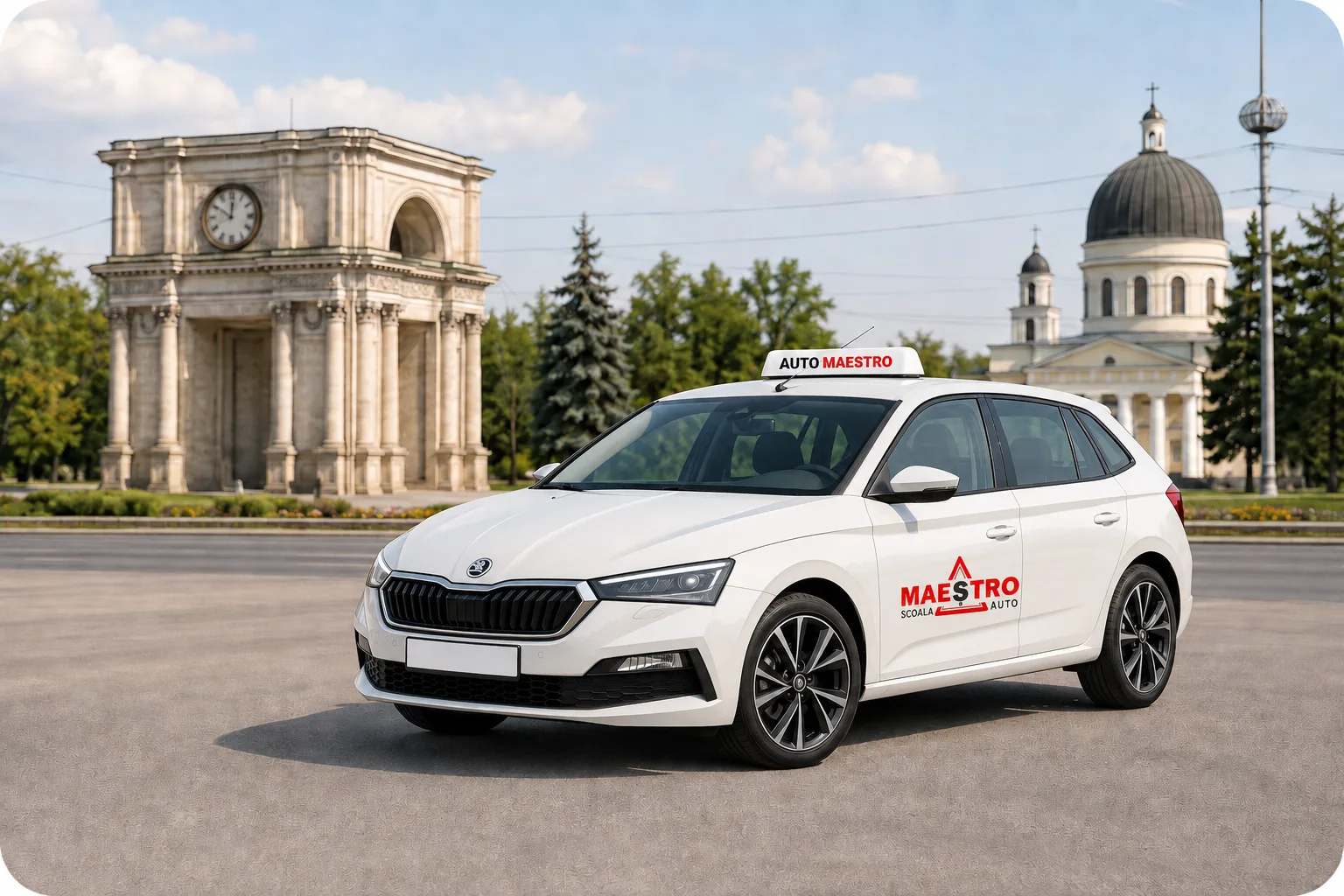 Mașina de instruire AutoMaestro în fața Arcului de Triumf din Chișinău